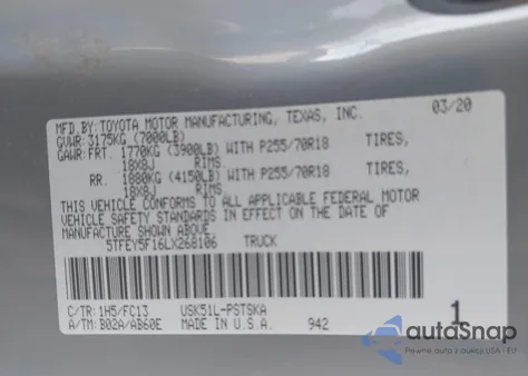 2020 Toyota Tundra Sr5 из США, поврежденный, VIN 5TFEY5F16LX268106